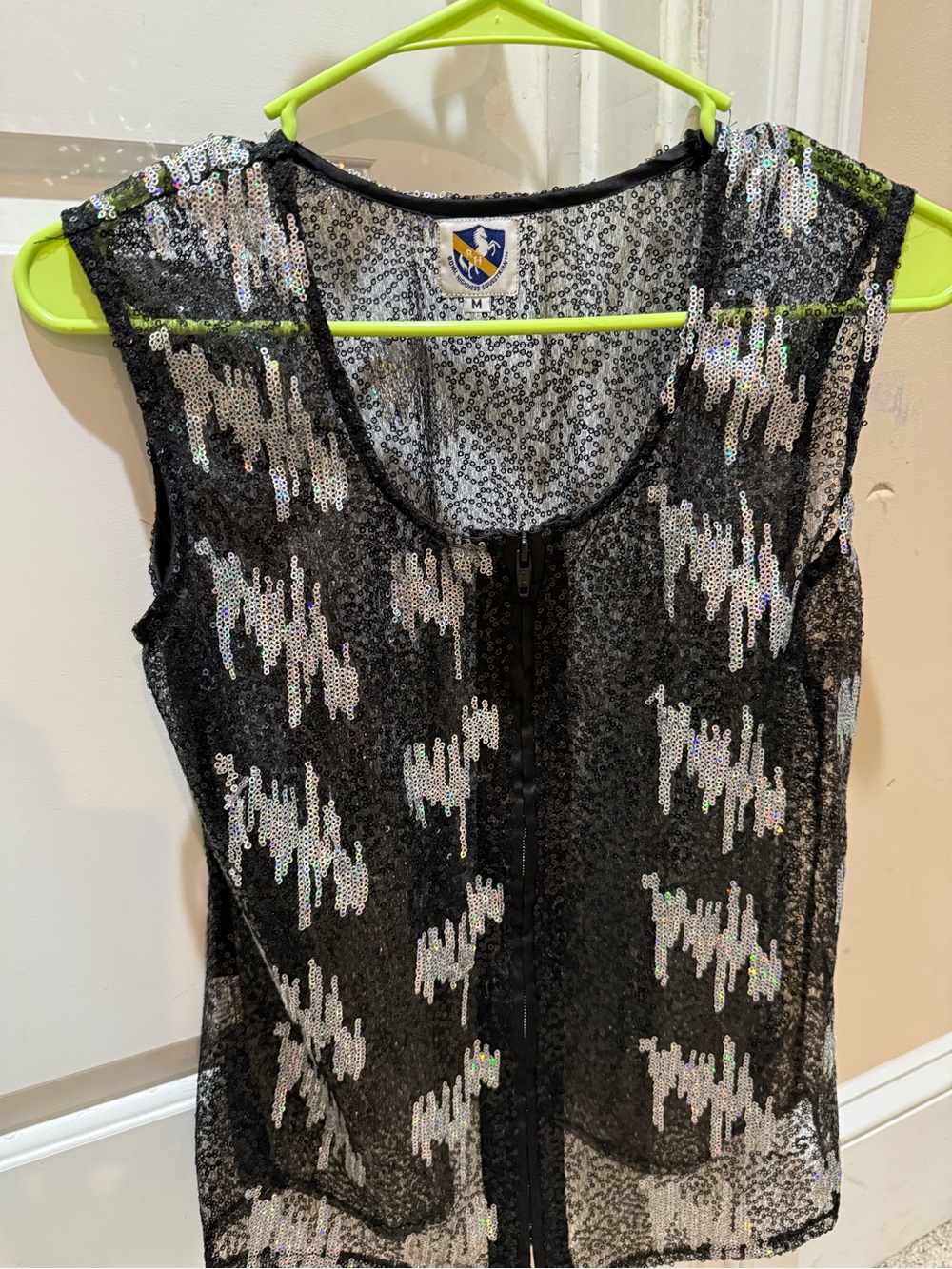 Royal Highness zipped Sequin Mesh Zip-Front Black w/ silver Vest Top